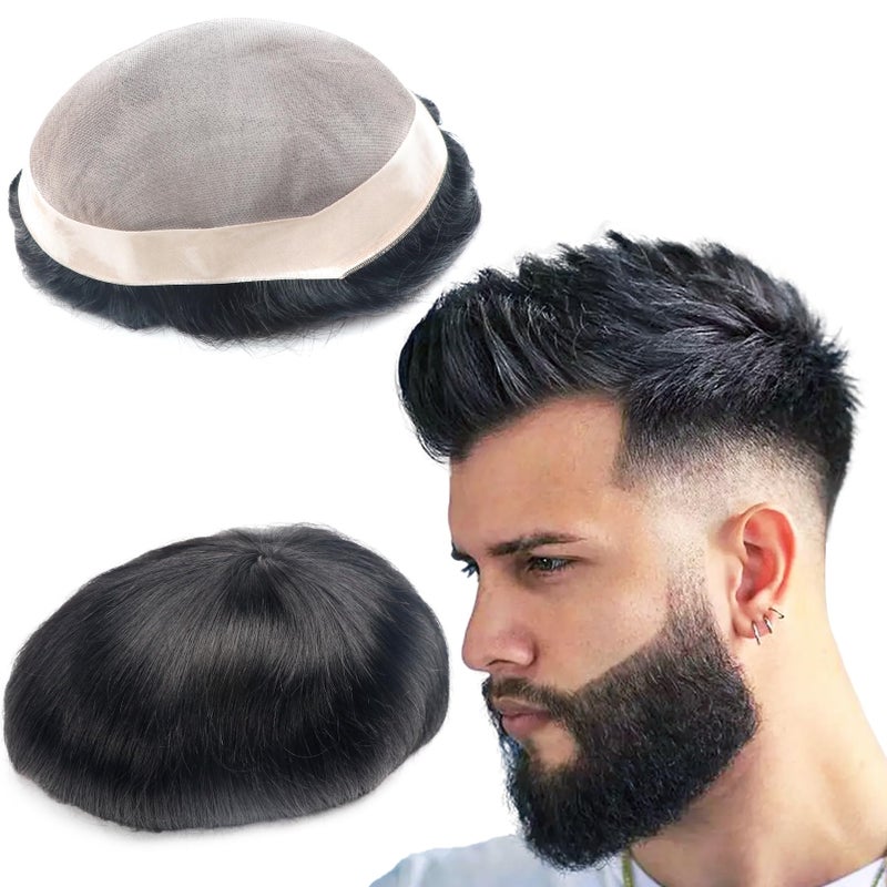 lumeng Hair System for Mens Toupee Hair Replacement System Mono Lace With Npu Reinforce Lace Systems Size 6x8 Inch 6 Inch Length Color 1# 100% Human Hair Unit Protesis Capilar Hombre Mens Toupee - Image 1